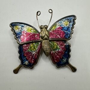 Vintage Rainbow Sparkle Butterfly Brooch Pin Gold Metal Thin Colorful Costume
